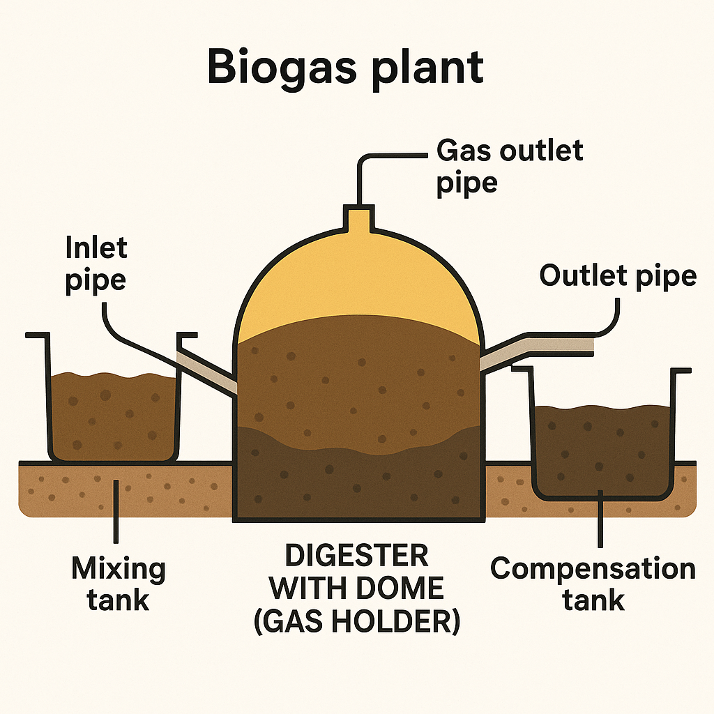 Basic diagram for a fixed dome type biogas plant